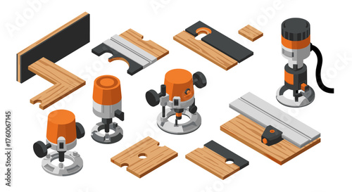 Isometric woodworking tools and router set for carpentry projects