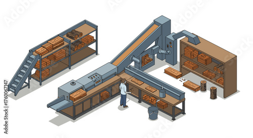 Isometric lumber mill workflow with automated equipment and wood processing