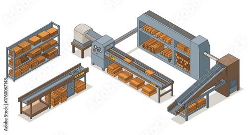 Isometric wood processing factory with conveyor belts and wooden planks