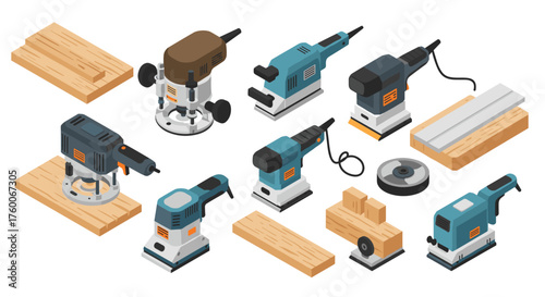 Isometric power tools collection for carpentry and woodworking projects