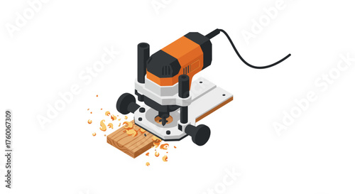 Isometric woodworking router with shavings on wooden board