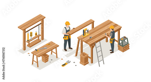 Isometric woodworking workshop scene with carpenters and tools