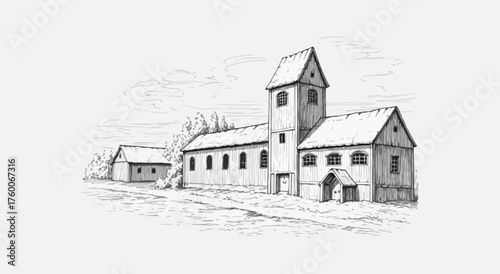 Rural Wooden Church and Tower Sketch