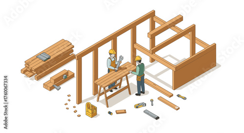 Isometric construction scene with two workers building a wooden framework