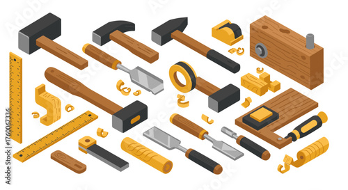 Isometric tool set with hammers, screwdrivers, and woodworking instruments