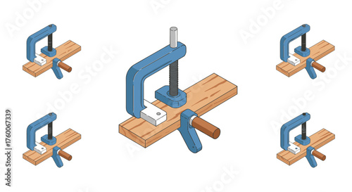 Isometric c clamps holding wooden planks in various positions