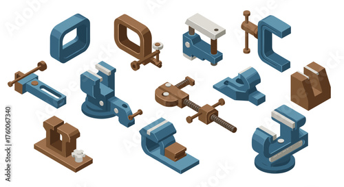 Isometric industrial clamp set: precision tools in blue and brown tones