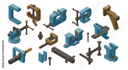 Isometric c clamps and vices collection for industrial and mechanical projects