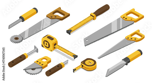 Isometric design of hand tools set with saws, measuring tape, and blades on white background