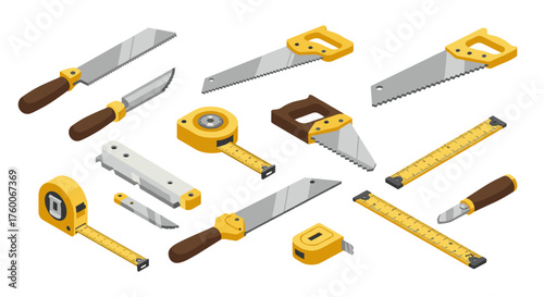 Isometric carpentry tools collection with saws and measuring tapes