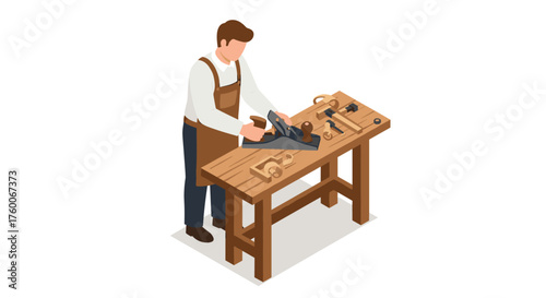 Carpenter working with hand plane on wooden workbench in isometric style