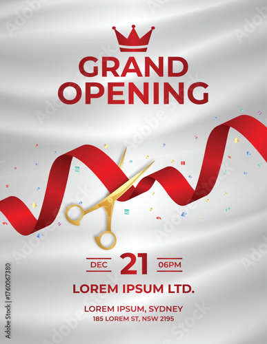 Grand opening poster with red ribbon and confetti, festive store opening flyer design