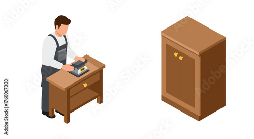 Carpenter working on wooden desk and brown wardrobe in isometric style