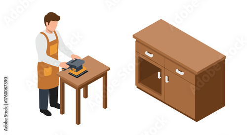 Isometric carpenter sanding wood with electric sander near cabinet workshop scene