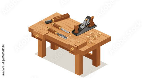 Isometric wooden workbench with carpentry tools and wood shavings