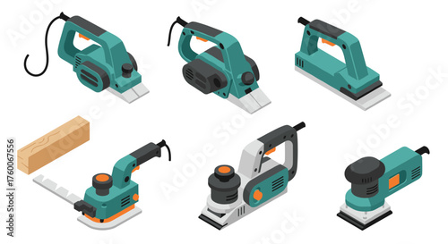 Set of isometric electric sanders and woodworking tools in modern design