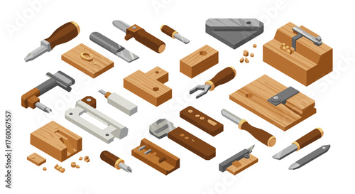 Isometric woodworking tools set: detailed 3d design for craft enthusiasts and diy projects