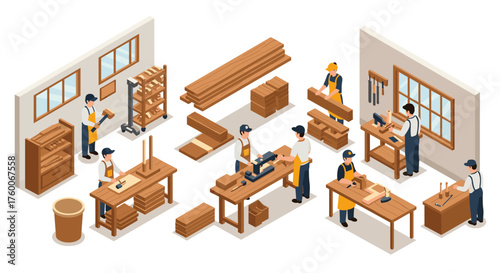 Isometric wood workshop with skilled carpenters in action