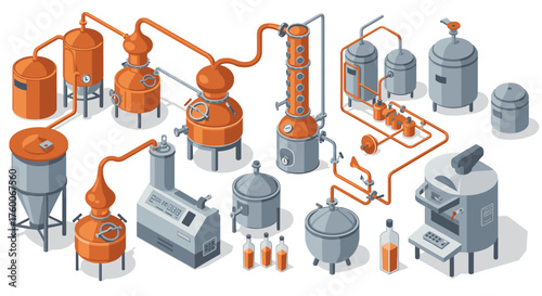 Industrial brewing and distillation equipment in detailed isometric design