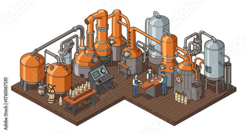 Isometric whiskey distillery with equipment and workers in detailed 3d design