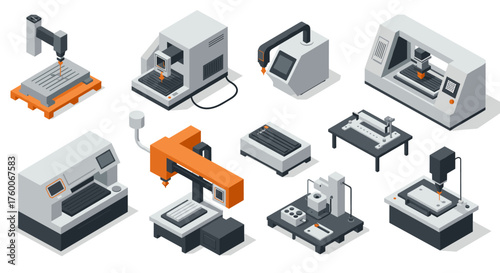 Isometric industrial machinery set featuring cnc equipment in modern design