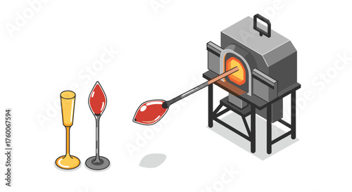 Isometric glassblowing scene with furnace and tools on white background