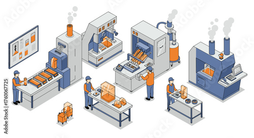 Isometric factory assembly line with workers and machinery for packaging production