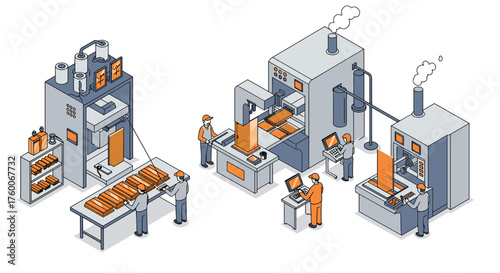 Isometric factory automation with workers and industrial machines