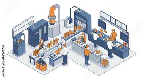 Isometric factory assembly line with workers in a modern production facility