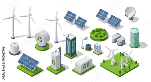 Renewable energy icons set featuring wind turbines and solar panels in isometric design