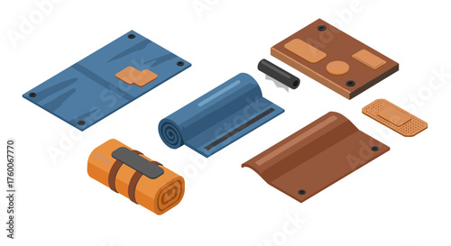 Isometric camping gear: sleeping bags, mats, and accessories in modern design