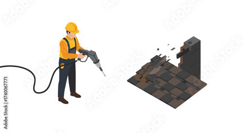 Isometric construction worker using jackhammer on pavement