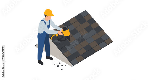 Roofer using nail gun on shingle roof: isometric construction scene