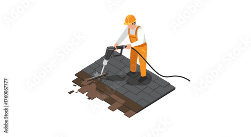 Construction worker in safety gear using jackhammer on pavement
