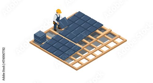 Isometric roof construction with worker installing tiles in 3d style