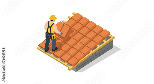 Worker installing roof tiles on a structure in isometric style