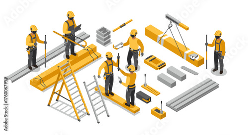 Construction workers and equipment: isometric design of modern building elements