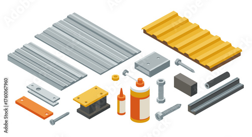 Isometric construction materials and tools set with metal plates and screws