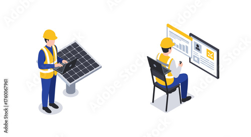 Isometric engineer with solar panel and remote work setup in modern office