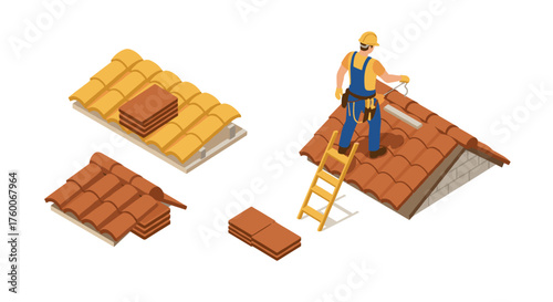 Roofing construction isometric design with worker installing roof tiles