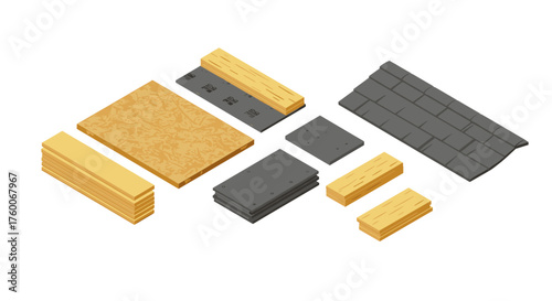 Construction materials isometric set: plywood, roofing, and lumber