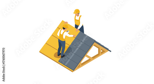 Isometric construction workers installing roof panels on house frame