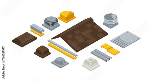 Isometric roofing elements set with various architectural components