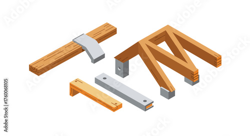 Isometric wooden and metal brackets set for construction and design projects