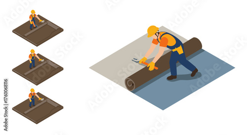Worker installing carpet in isometric style illustration