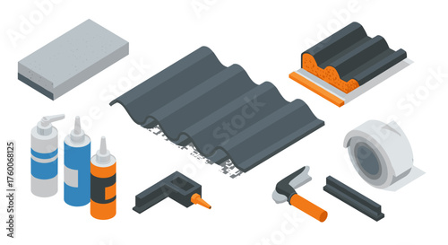 Isometric roofing and construction materials set for building projects