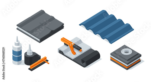 Construction materials and tools in isometric style featuring roof tiles and sealants