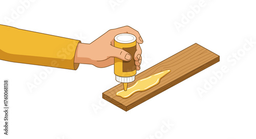 Hand applying glue to wooden plank for carpentry