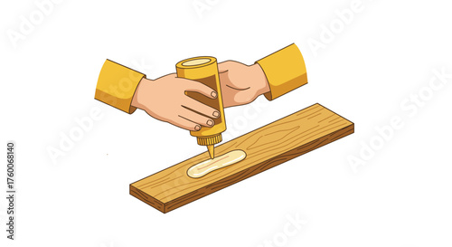 Applying wood glue on a wooden plank with yellow glue bottle hands-on process