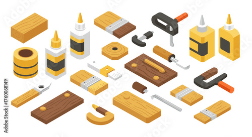 Isometric woodworking tools and supplies on white background